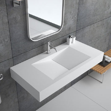 Glossy White Wall-Mount Floating Sink Solid Surface Stone Resin Bathroom V-Shaped Sink